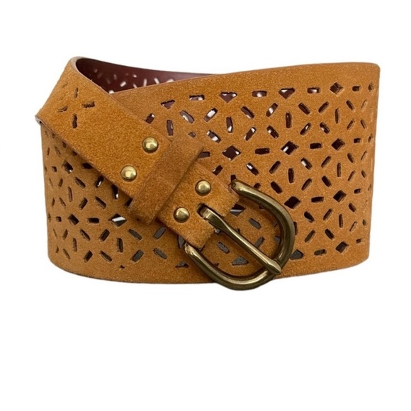 Anthropologie Tapered Eyelet Laser-cut Suede Leather Belt Mustard Gold - Picture 2 of 9
